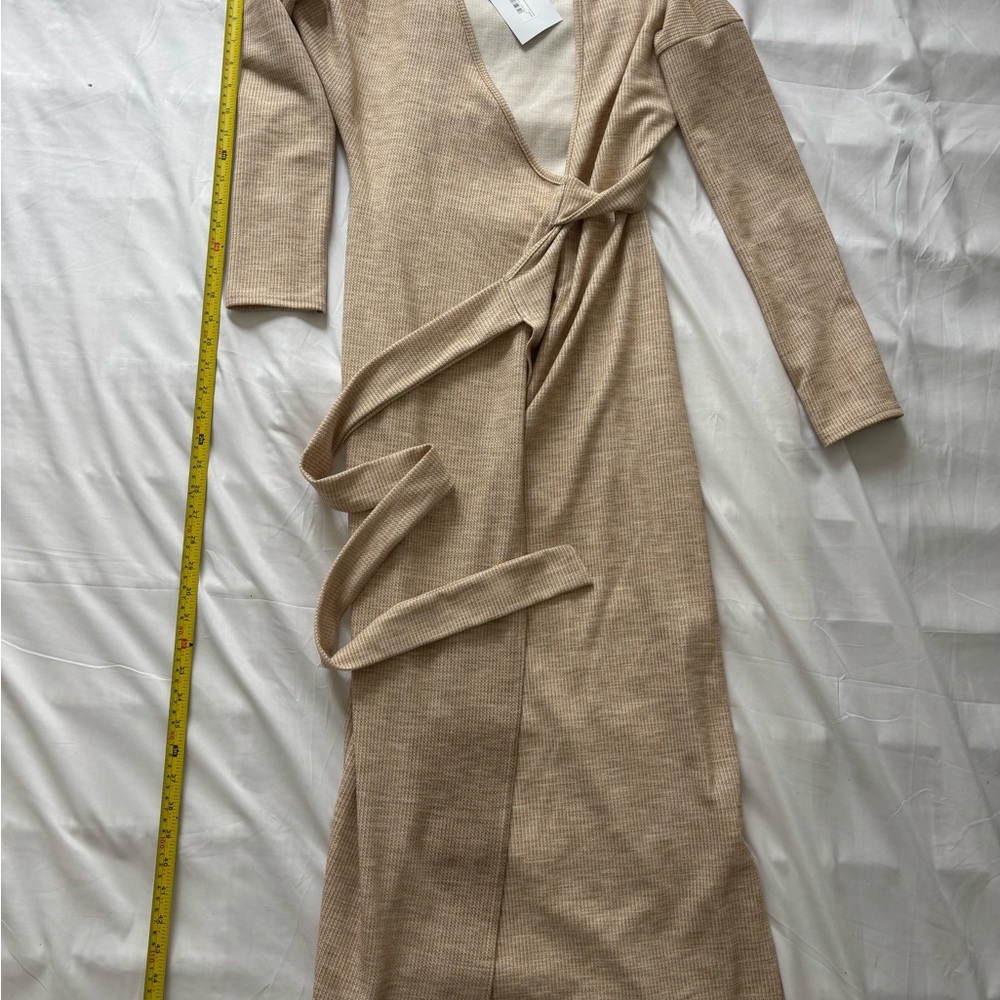 Beige Long-Sleeve Ribbed Wrap Maxi Dress with Tie Waist